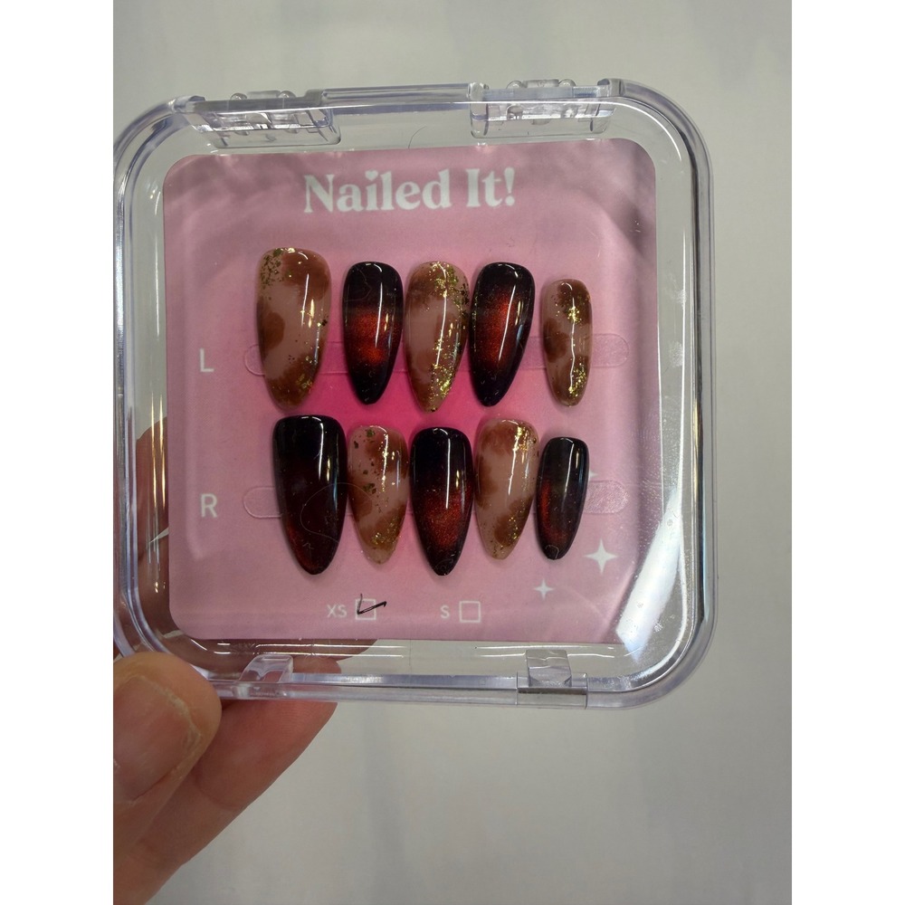 Nailed It! Press On Nails XS Burgundy Cat Eye Gold Flake Marble Almond Shape